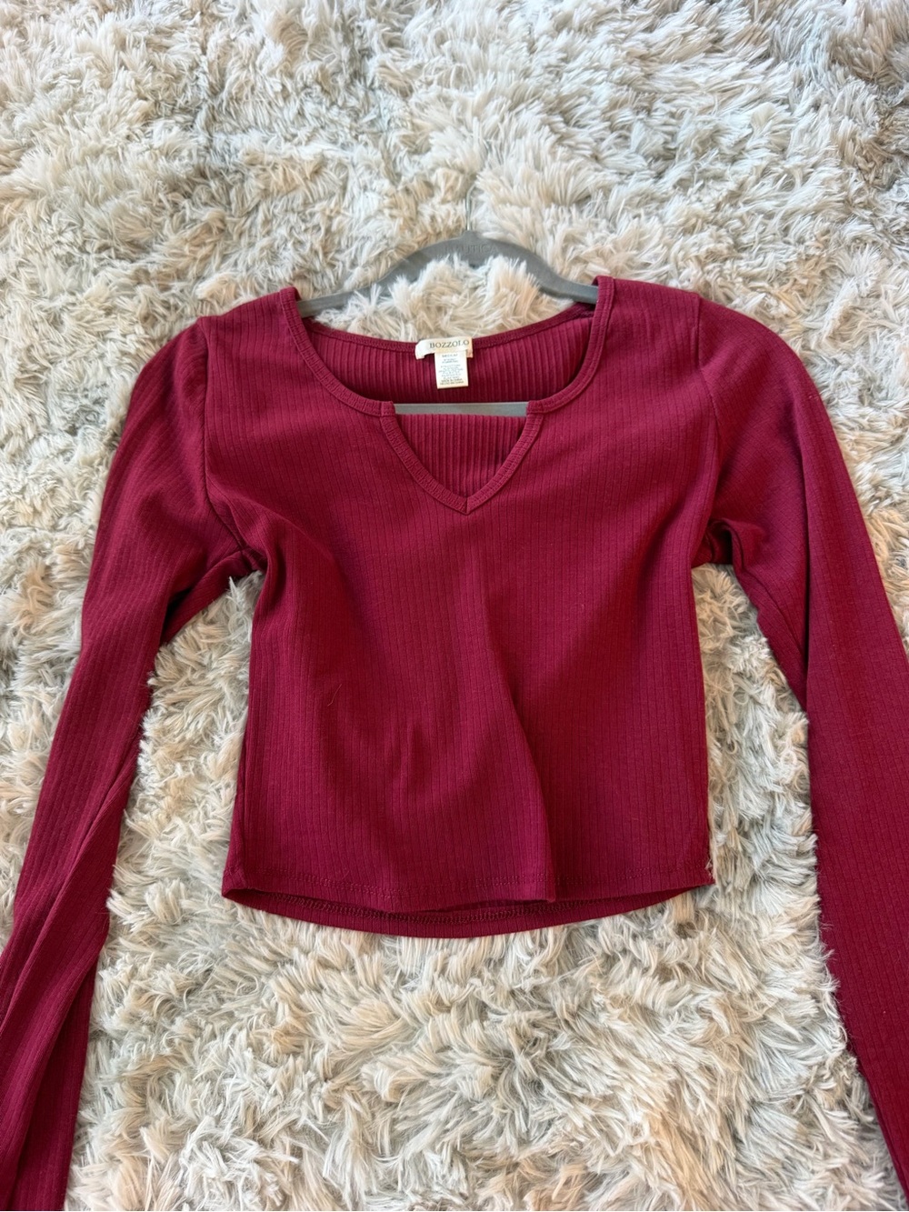 Brandy Melville Wine Ribbed V-Notch Long Sleeve Crop Top